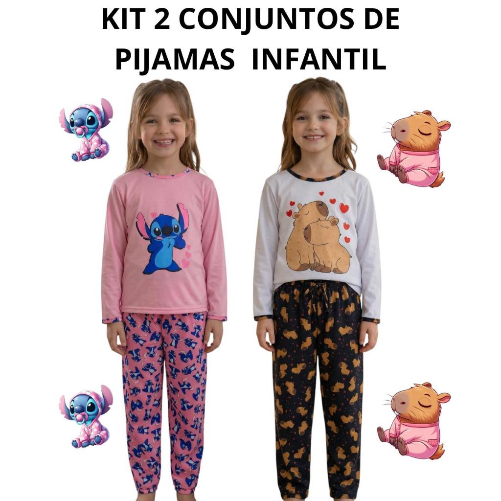Kit 2 Pijama Longo Infantil Feminino Manga Longa Inverno Personagens Frio