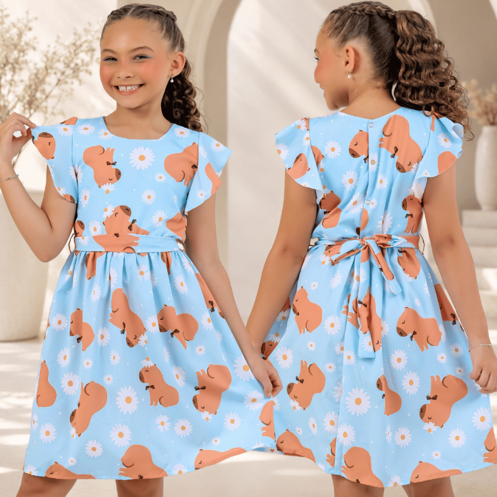 Vestido Infantil Menina Rodado Manga Babado Botões nas Costas Moda Festa Passeio Verão