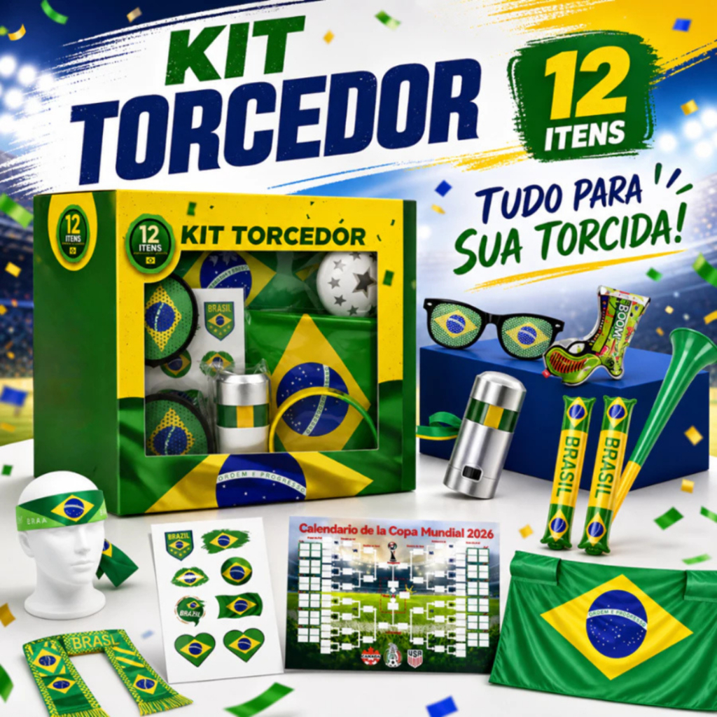 Kit Combo Torcedor Copa do Mundo 2026 Brasil Futebol Bandeira Faixa Confete Corneta Oculos
