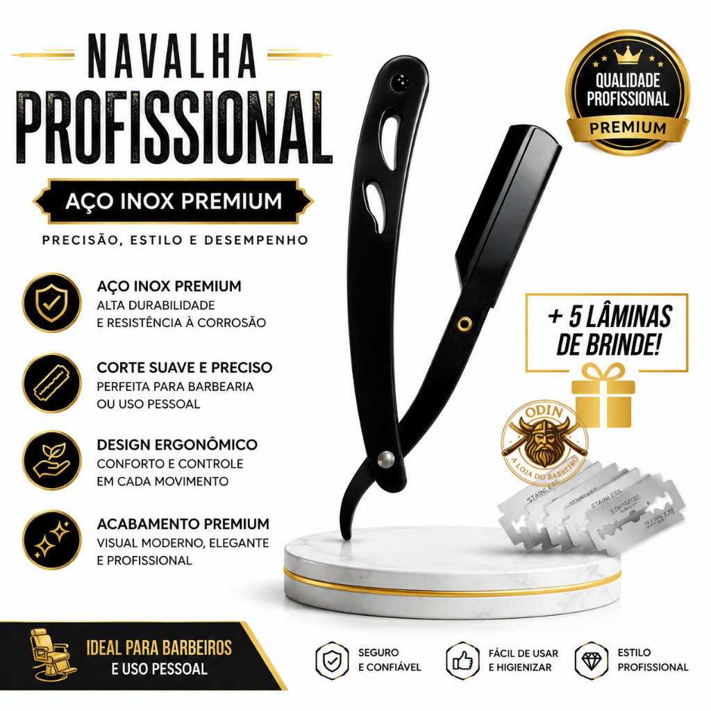Navalhete Profissional Aço Inox Preto C/5 Lâminas Navalha Preta Inox Navalhete Preta Navalha de Aço