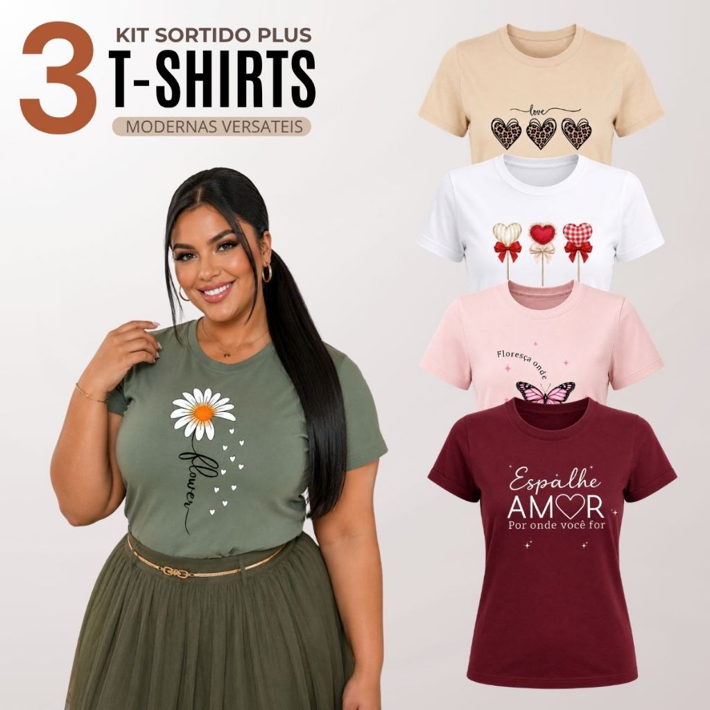 Kit 3 Blusa Feminina Plus Size Gola Redonda Manga Curta 100% Algodão