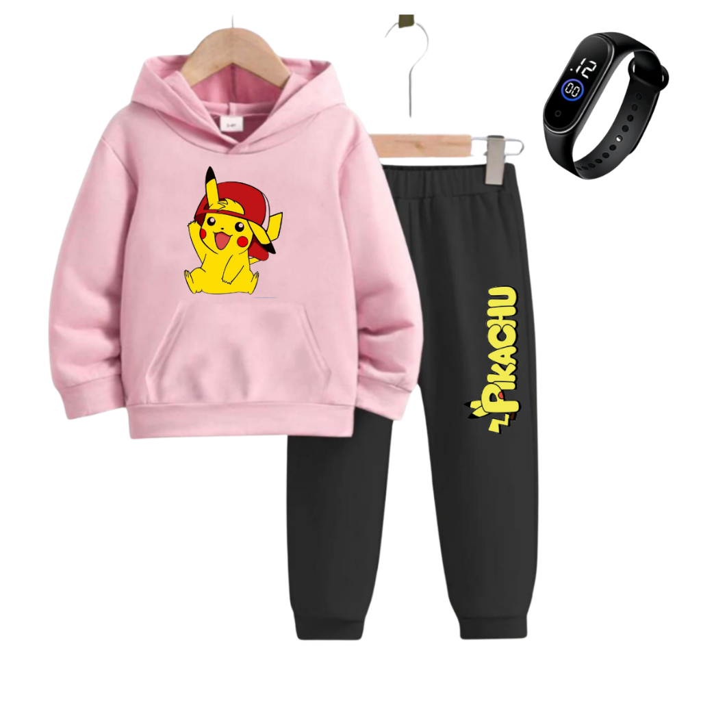 Conjunto Infantil Pikachu Pokémon Kit Blusa Moletom Canguru e Calça Blusão Casaco relogio 4 ao 16