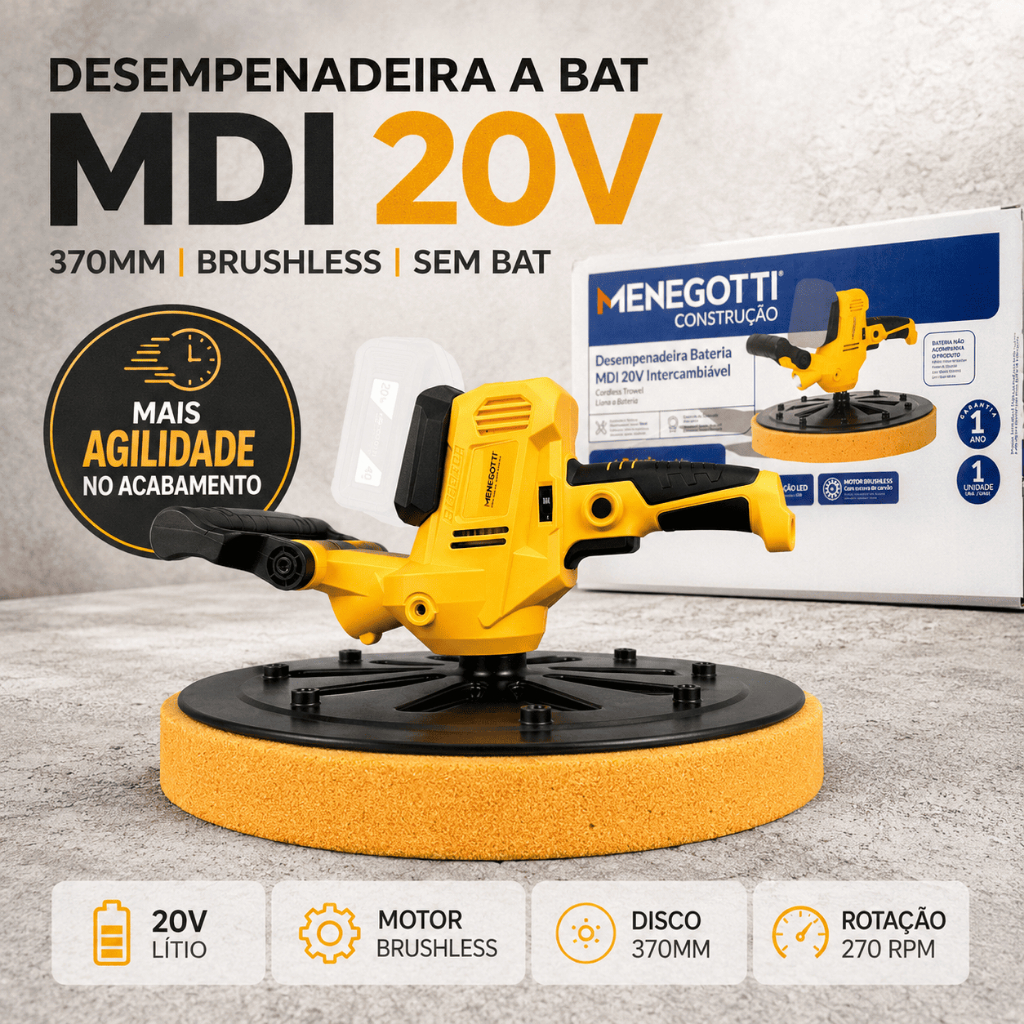 Desempenadeira a Bateria Menegotti MDI 20V 370mm Brushless Sem Bateria P/ Massa Corrida Reboco
