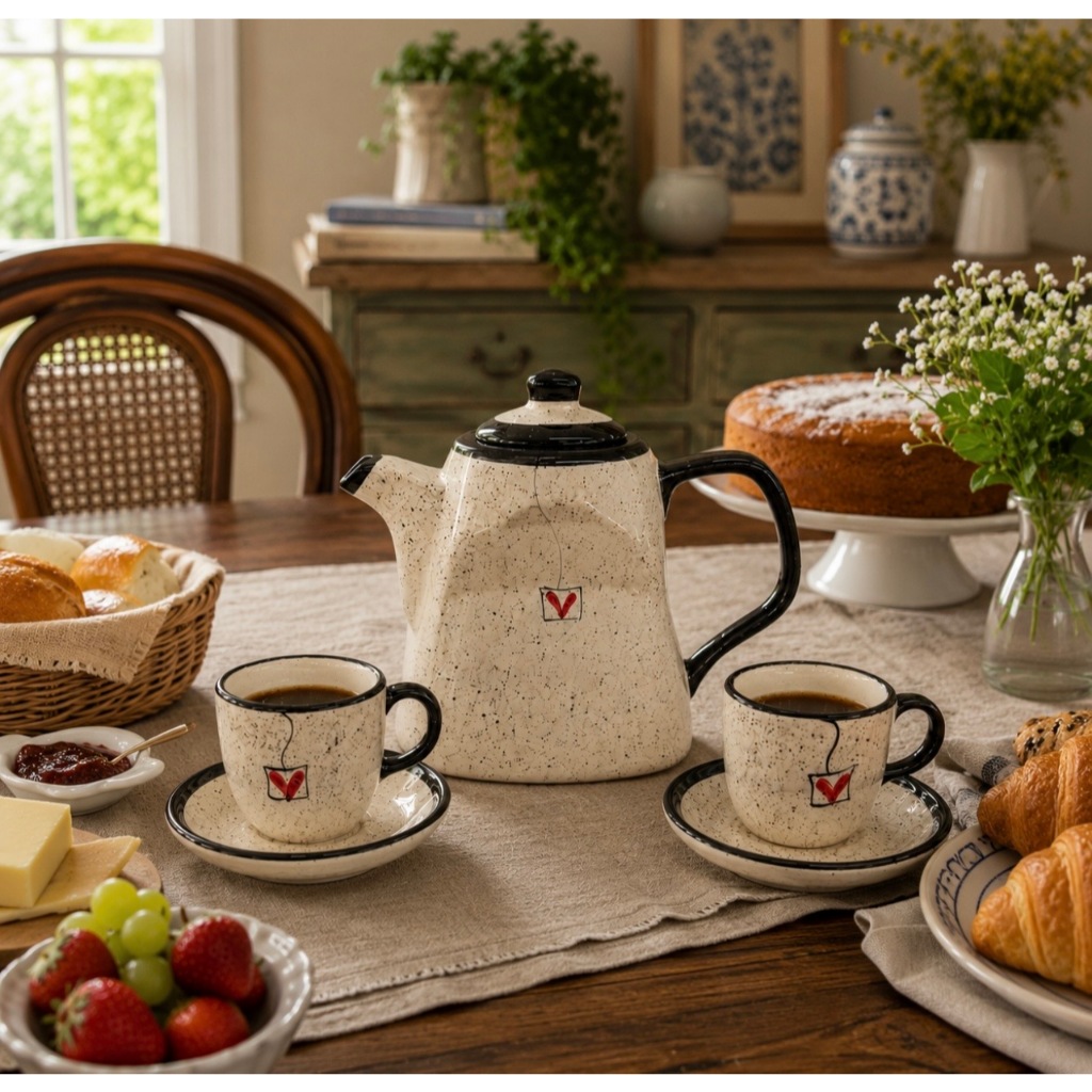 Chaleira Cerâmica com Xícaras Kit Café da Manhã Retrô Vintage Decorativa Elegante para Café e Chá