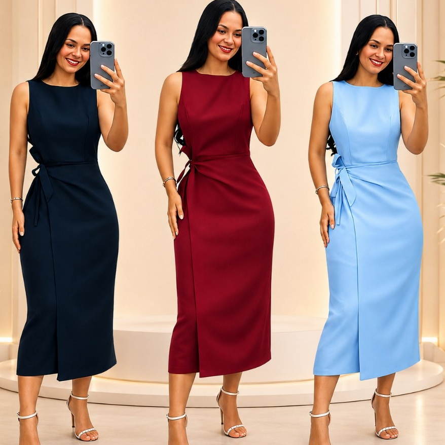 Vestido Feminino Alfaiataria Midi com Amarração Lateral Elegante | MG