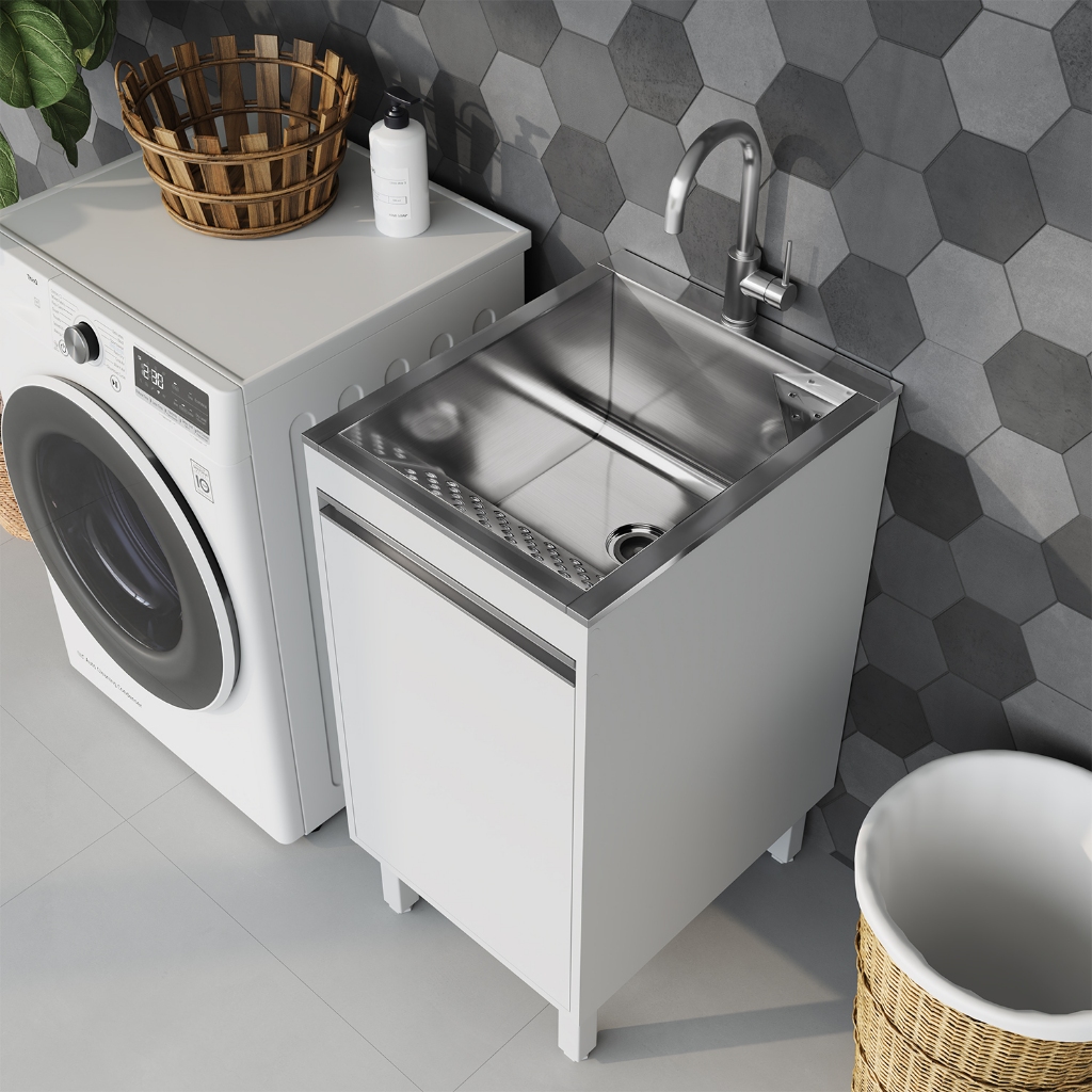 Tanque De Lavar Roupas Lavanderia Inox 30L Com Torneira De Bancada Gabinete Armário MDF 44cm