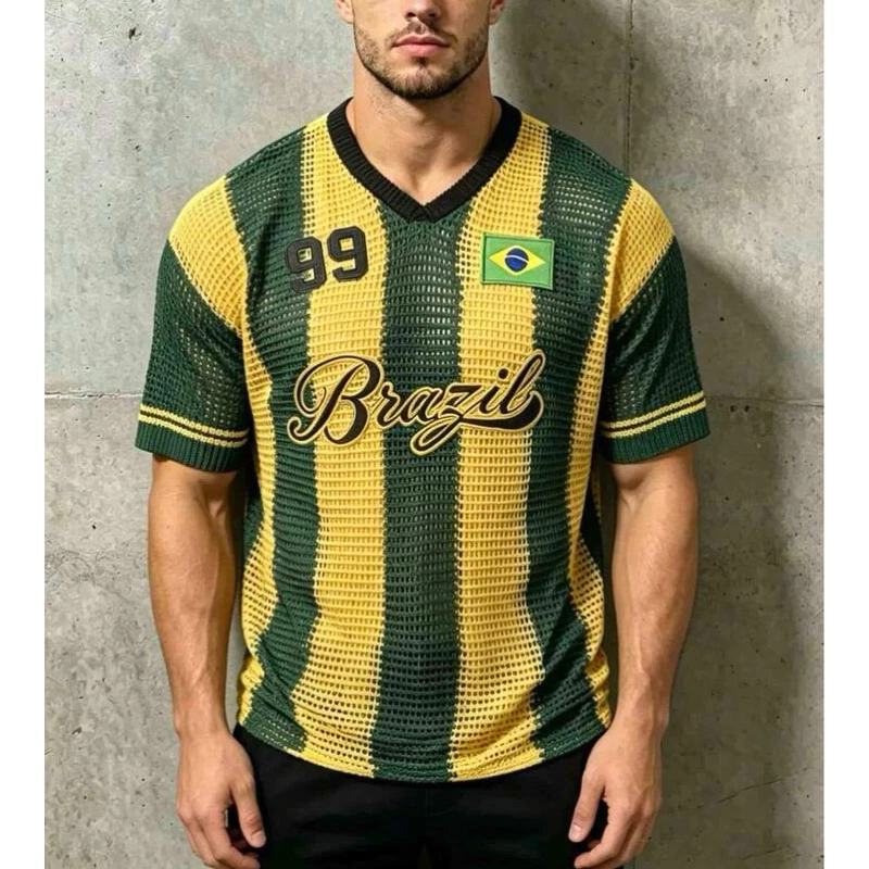 Blusa do Brasil Camisa Masculina Bordadas Tricô  Estilosa Copa do Mundo Verde Amarelo Seleção Brasileira COP11