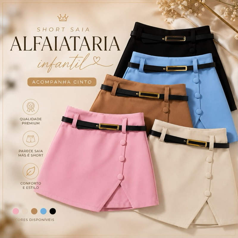 SHORTS SAIA INFANTIL MENINAS ALFAIATARIA COM CINTO MENINAS