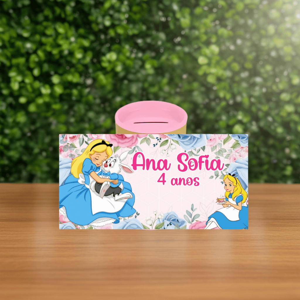 Rótulo Adesivo para personalizar cofrinho ALICE NO PAÍS DAS MARAVILHAS / para cofrinho grande /Aniversario / Festa