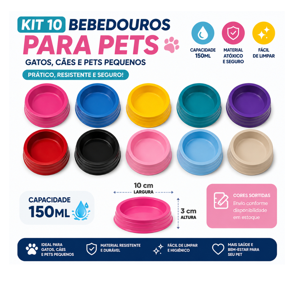 Kit 10 Potes Comedouro Bebedouro Para Gatos Cães e Pets Pequenos 150ML diversas cores