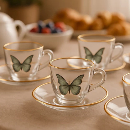 Imagem Jogo 4 Xícaras Com Pires Para Café De Vidro e Borda Dourada Butterfly 85ml Hauskraft