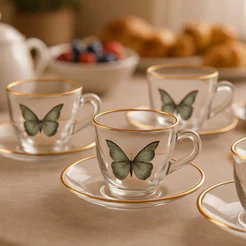 Jogo 4 Xícaras Com Pires Para Café De Vidro e Borda Dourada Butterfly 85ml Hauskraft