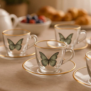 Jogo 4 Xícaras Com Pires Para Café De Vidro e Borda Dourada Butterfly 85ml Hauskraft