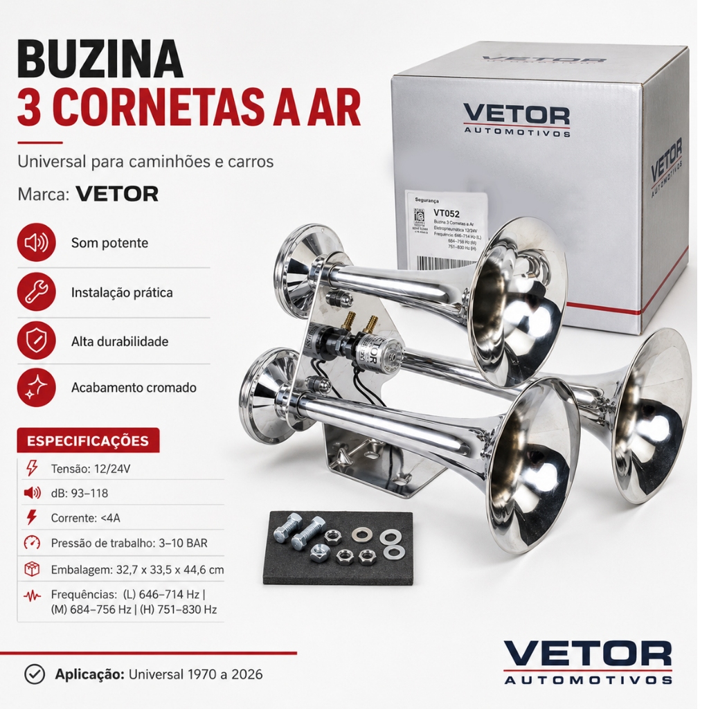Buzina De Trem 3 Cornetas Super Alta Compativel Com Carros/Caminhões 12/24v VT052