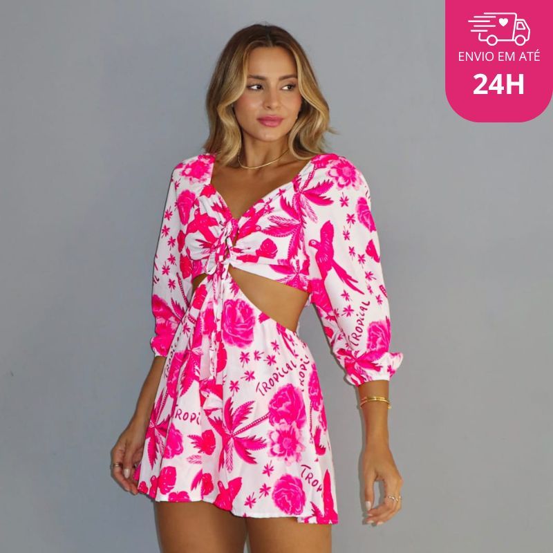 Macaquinho Feminino Helena Estampado Crepe Manga Bufante Decote Festa Casual