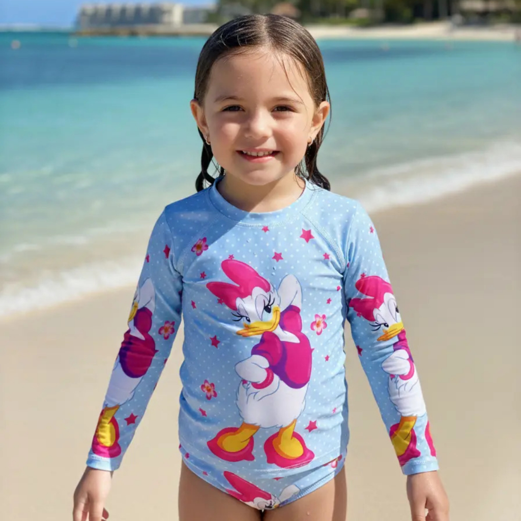 Conjunto de Praia Biquini Infantil com Blusa Protecao Solar UV 50+ Personagens