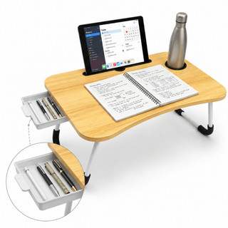 Mesa Portátil Dobrável Com Gaveta Para Notebook Home Office Estudo Refeição Cama Com Porta Copo MDF
