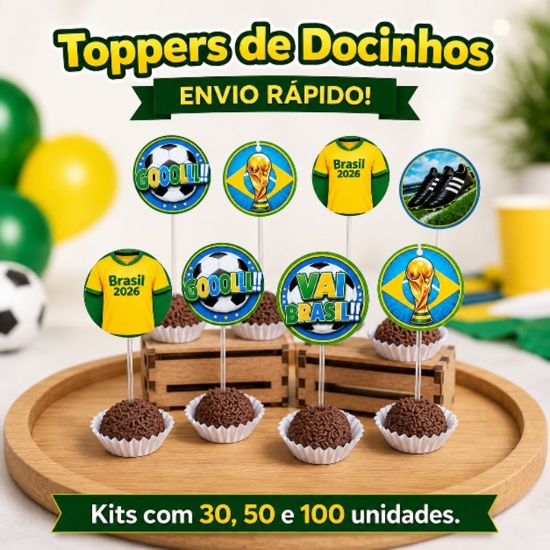 Topper Tag de Docinhos Futebol Brasileiro Seleção Verde Amarela Bola Brasil Copa Tag Festa em Campo