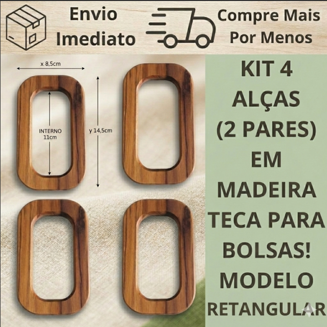 Kit 4 alças / Elos de Madeira Natural Teca para Artesanato Customização Macramê Colar de Mesa, bolsas Crochê/Costura Cr