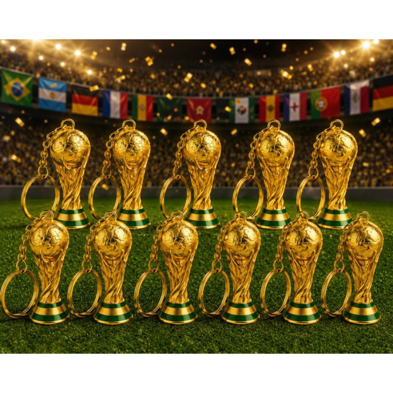 Kit Chaveiros Taça Troféu Copa do Mundo 2026 Lembrancinha Festa Futebol nação