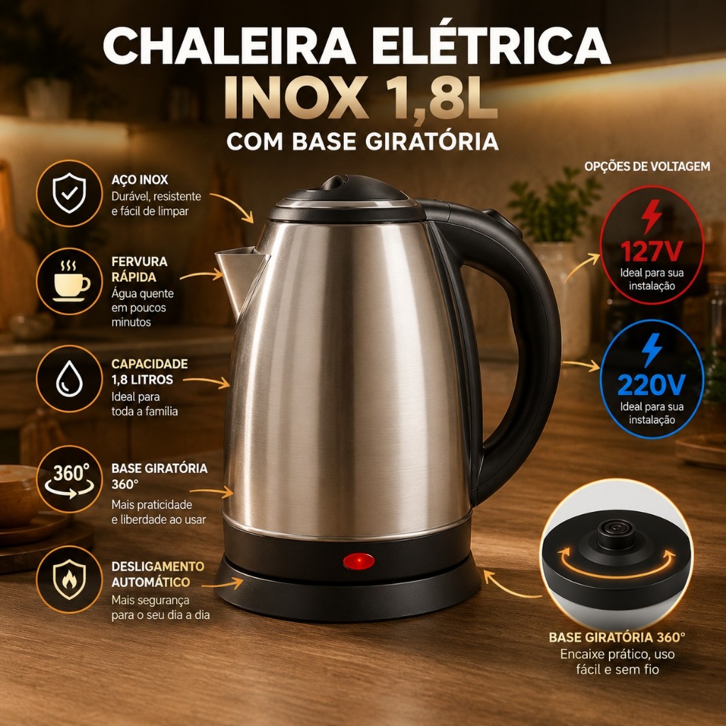Chaleira Elétrica Alta Capacidade 1,8 Litros Potência 1000W Inox Resistente Rápida Aquecimento