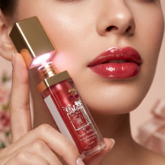 Modelo segurando o Gloss Labial Cherry Radiance Elixir com tampa dourada e embalagem vermelha brilhante
