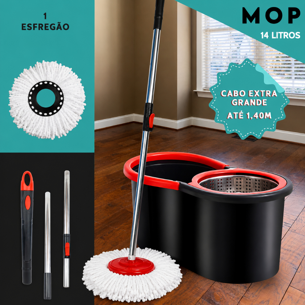 Mop Girátorio Cleaner Profissional – Balde com Centrífuga 14L + Refil  e Cabo Reforçado