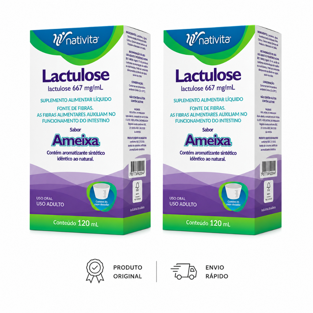 Kit 2x Lactulose 667mg/ml Ameixa Suplemento Alimentar Líquido Fonte de Fibras 120ml