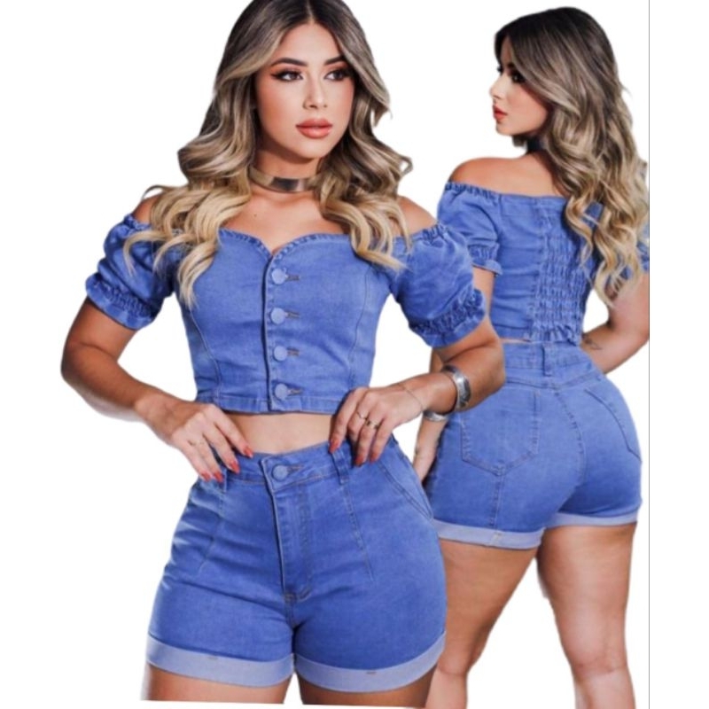 Conjunto Jeans Feminino Croppet feminino blusa Curta short jeans feminino com lycra Manga Curta 40/42/44