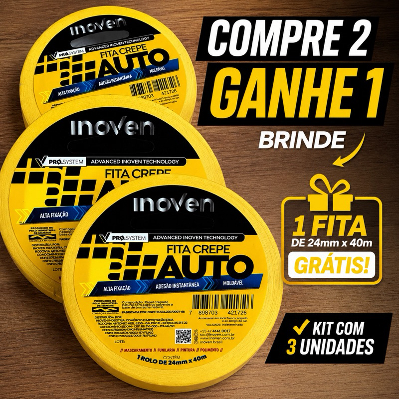 Fita Crepe Automotiva Inoven 24mm x 40m Leve 3 Pague 2 Alta Fixação Profissional