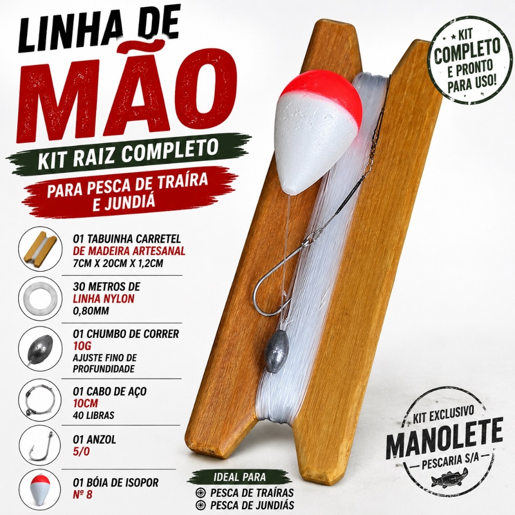 Linha de mão linhada pescaria raiz traíra 30m com bóia tabuinha de madeira de lei Manolete