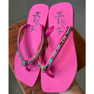 Chinelo De Dedo Básico Com Strass  Bico Quadrado Colorido  F MR