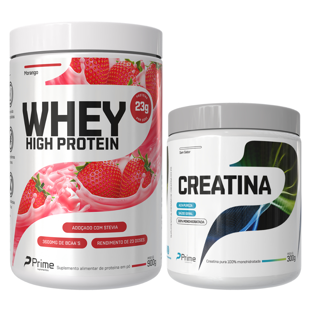Whey Protein Concentrado Pote 900g Prime + Creatina 100% pura 300g - 23g de proteína por porção - WPC - High Protein