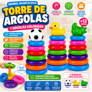 Brinquedo Educativo 7 Argolas Empilhar Infantil Patinho Jacaré Bola Colorido Bebê Didático Montesori