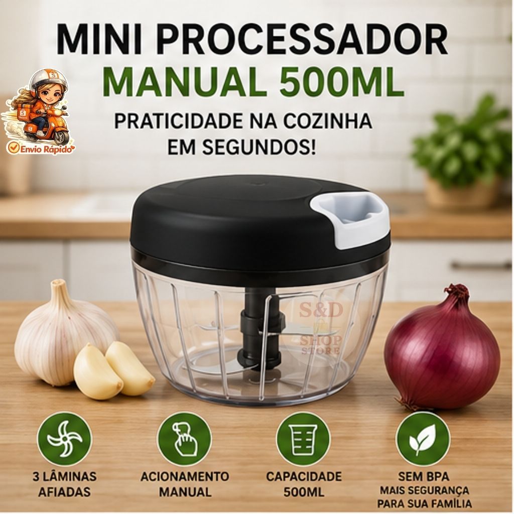 Processador Triturador Manual 500ml Para Cozinha Tritura Alho Cebola Legumes Rápido e Prático