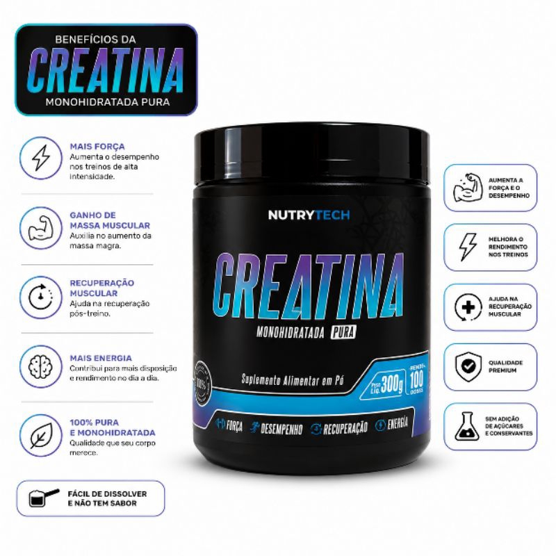 CREATINA MONOHIDRATADA- PURA 300 G- RENDE 100 DOSES- SEM SABOR- ENVIO IMEDIATO - RECUPERAÇÃO MUSCULAR- GANHO MASSA MAGRA