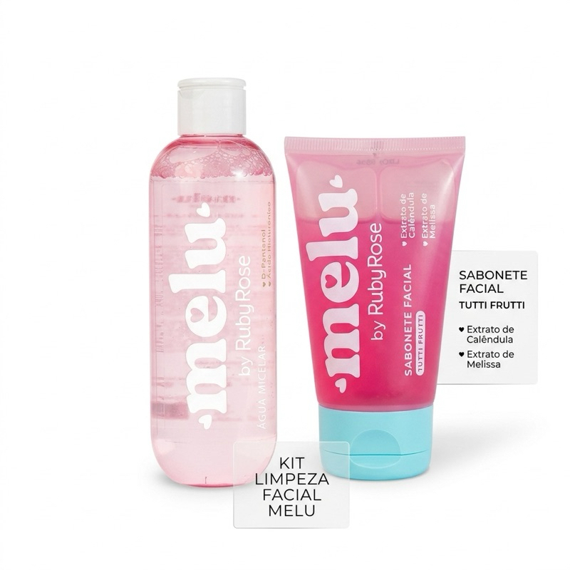 Kit Dupla de Limpeza Facial Melu: Água Micelar + Sabonete Tutti Frutti (Ruby Rose)