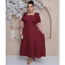 Vestido Plus size Feminino Midi Laço No Ombro Lastex Costas Luxo Evangélica Duna Linho