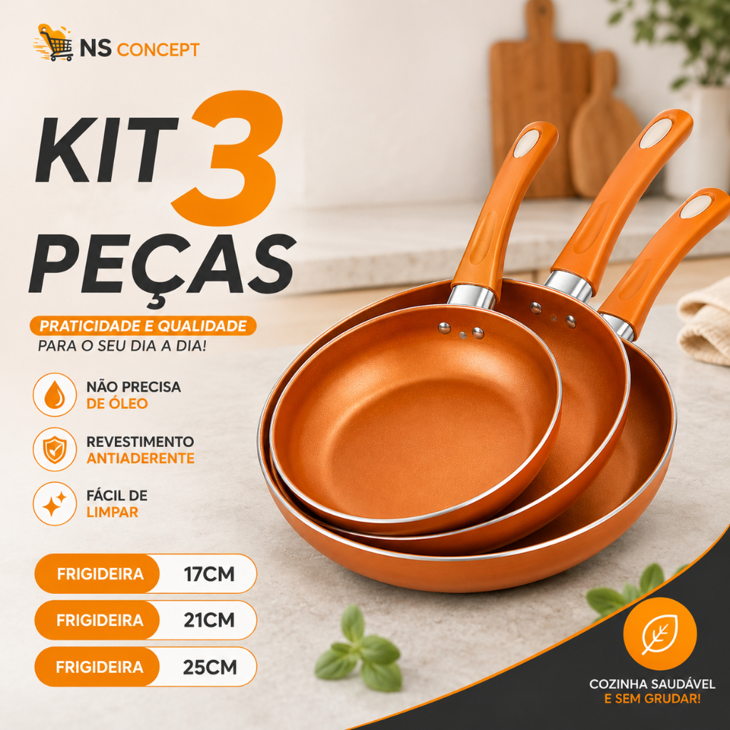 Imagem Jogo Frigideiras de Cerâmica Antiaderente 17CM 21CM 25CM Cobre Premium Sem Óleo Revestimento Premium Cozinha
