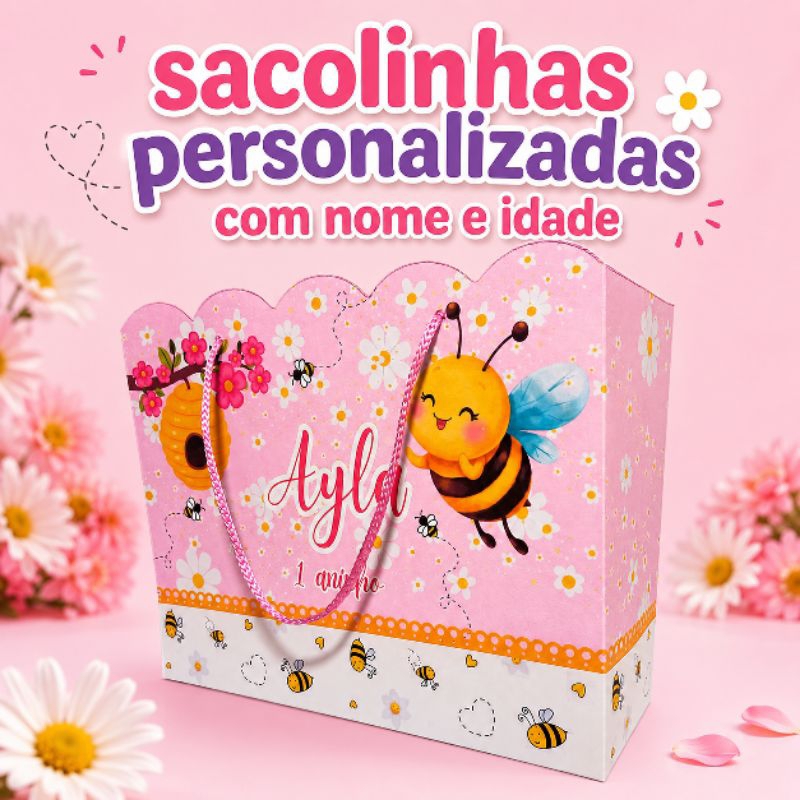 Sacolinha Personalizada Abelhinha Rosa com Nome e Idade | Lembrancinha Infantil Festa Aniversário Menina 20x15x7 cm