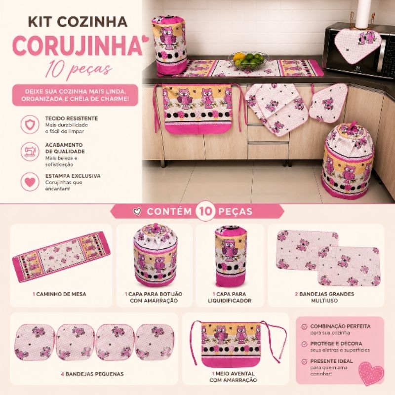 Kit de Cozinha 10 Peças Caminho de Mesa Capas Avental Porta-Copos Elegância Praticidade