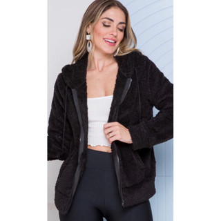 JAQUETA FEMININA DE FRIO COM CAPUZ E ZÍPER CASACO PELINHOS BLUSÃO INVERNO BLUSA