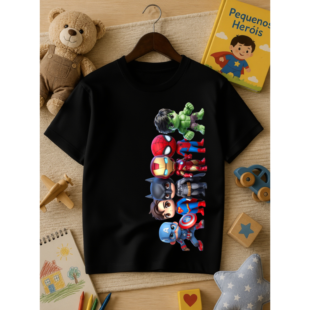 Camiseta Infantil Masculina Super-Heróis 100% Algodão Batman Homem-Aranha Capitão América Hulk Superman