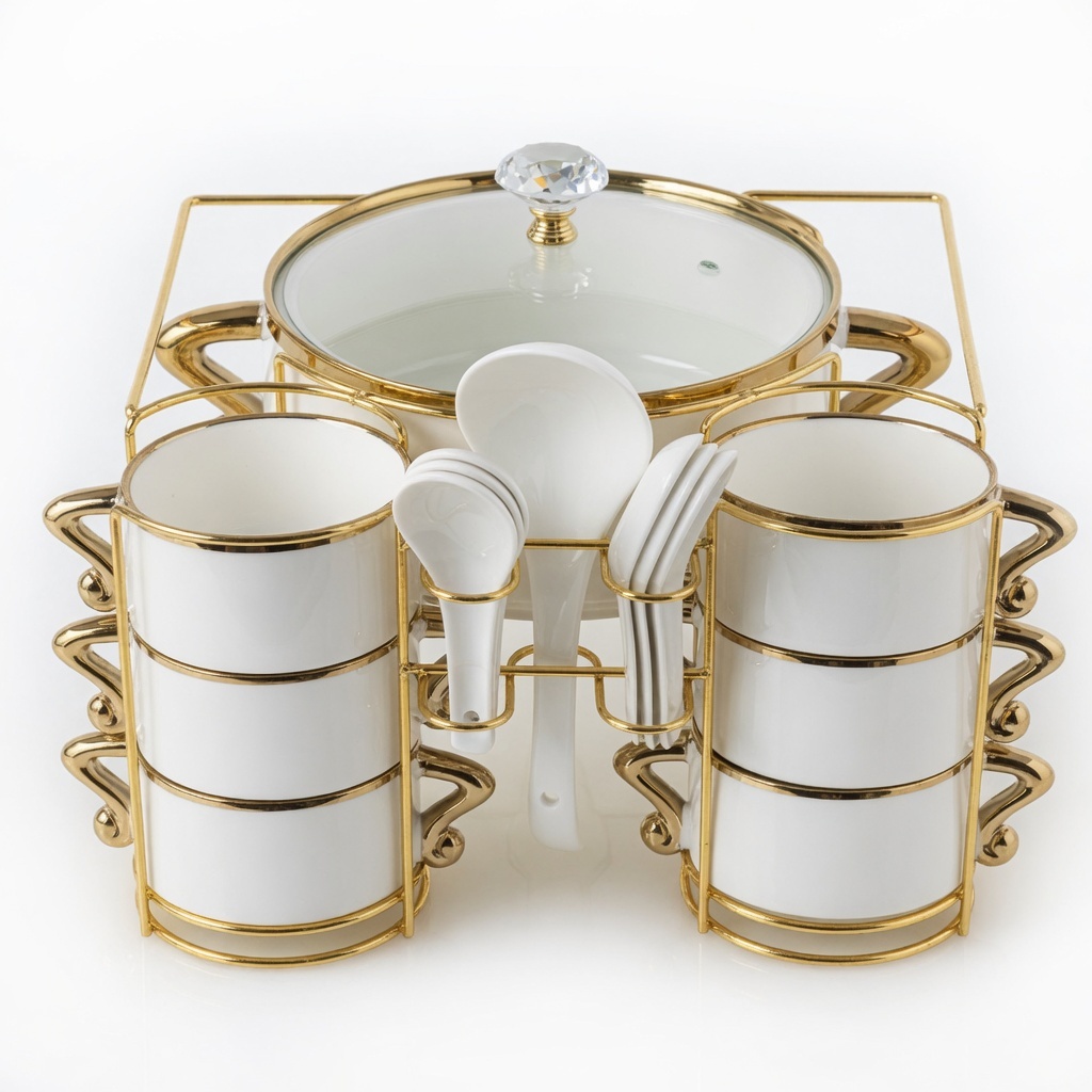 Jogo Elegante Para Caldos e Sopas Em Porcelana Com Base Dourada 14 Peças