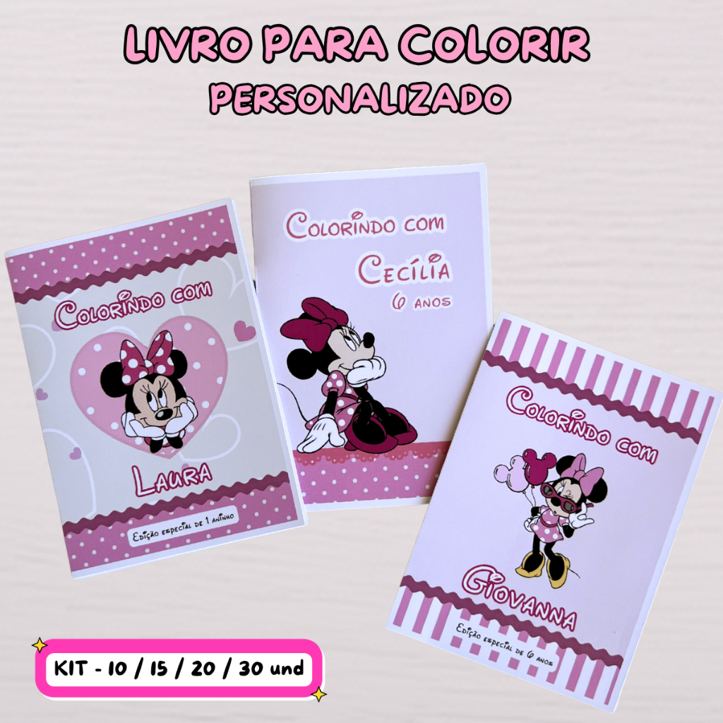 Kit Livro para Colorir Personalizado Minnie Rosa | Lembrancinha Infantil Revista Livrinho Aniversário 10x15