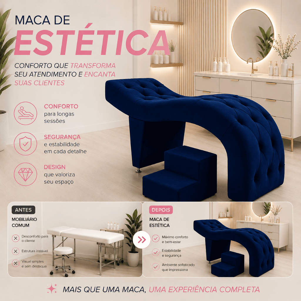 Maca de Estética para Massagem Cílios Fixa Lash Estofada com Escada Veludo Azul G83 - Gran Belo