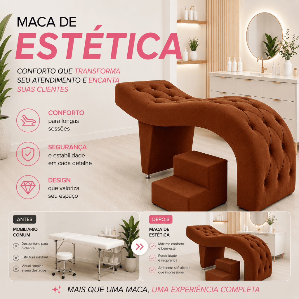 Maca de Estética para Massagem Cílios Fixa Lash Estofada com Escada Veludo Terracota G83 - Gran Belo