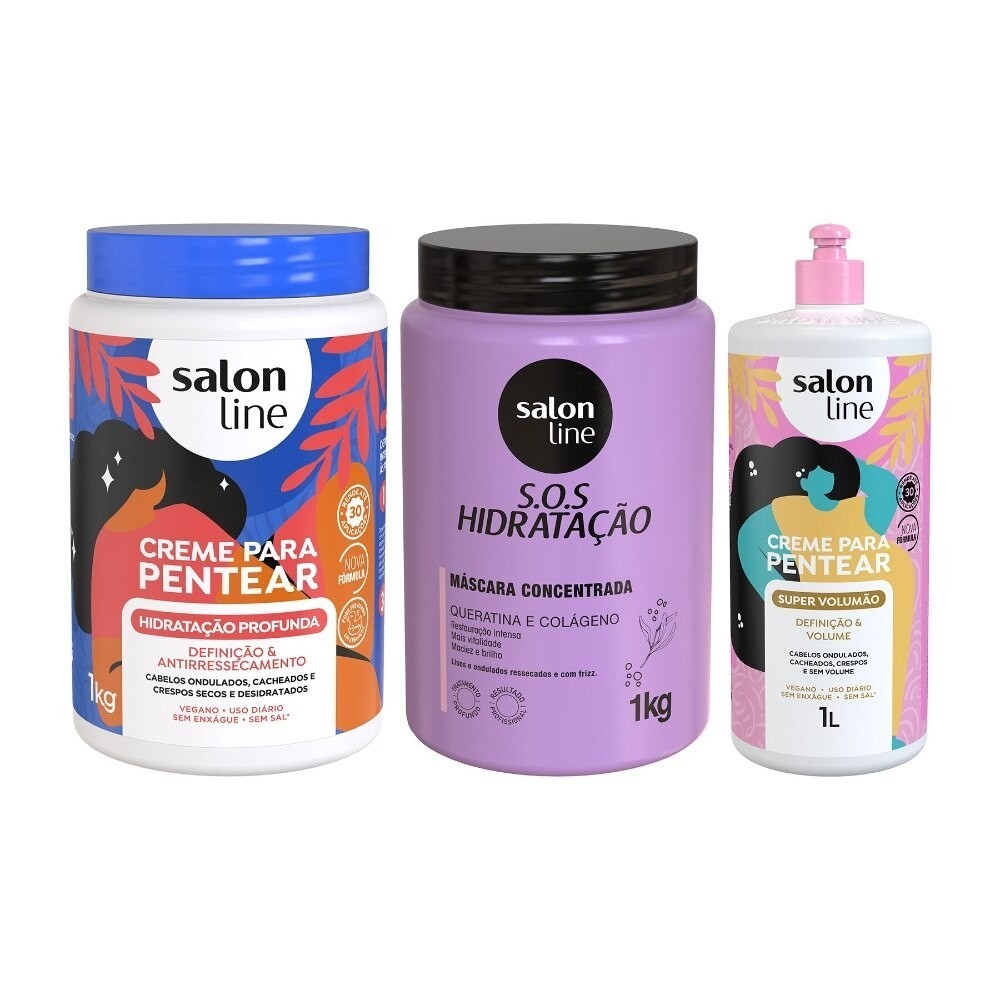 Kit com 2 Cremes para Pentear Hidratação Profunda e Super Volumão + Máscara Bio-Reconstrução Salon Line