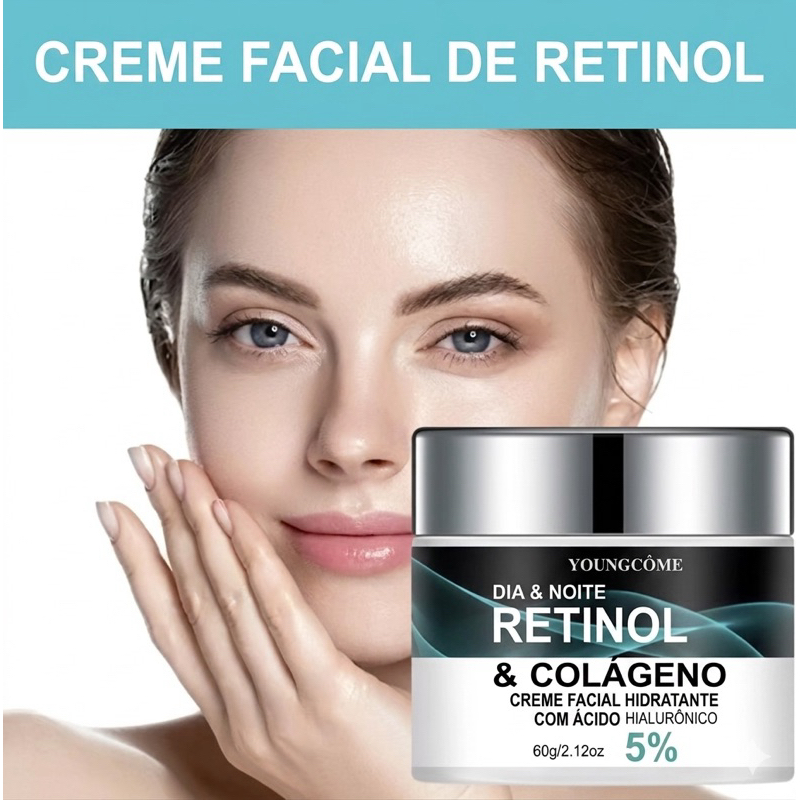 Creme Retinol e Colageno Puro 6% Antirrugas Clareador Facial Dia e Noite  Hidratante Acido Hialuronico 60g