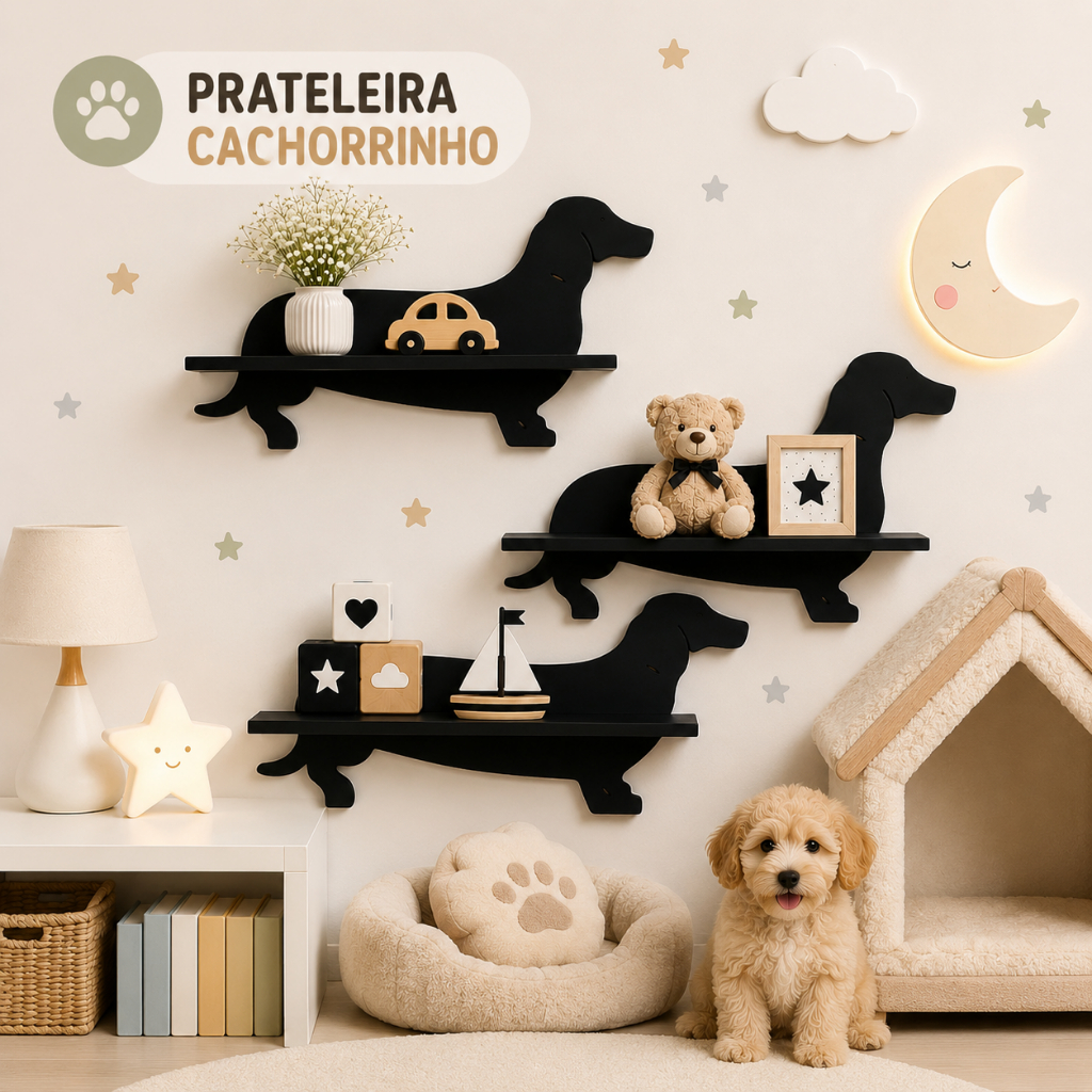 Prateleira Cachorrinho Trio Kit 3 Nichos Decorativos MDF Quarto Infantil Pet Shop Veterinário
